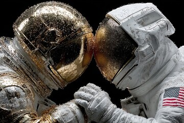 Wall Mural - two astronauts are touching each other's hands in a space suit