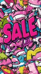  Bold SALE text over colorful graffiti-style background with dynamic comic elements.