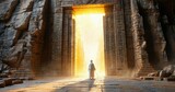 Ancient temple entrance. Person stands facing bright light emanating from within stone structure. Dramatic shadows, weathered textures visible.