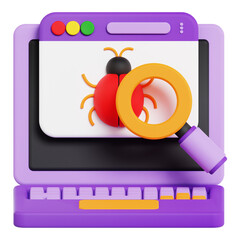 3d illustration of a browser with a magnifier and bug icon.