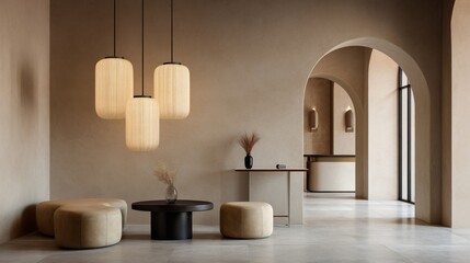 Poster - This spacious geometric room showcases a neutral beige palette with soft ambient lighting, perfect for showcasing products against a minimalist backdrop