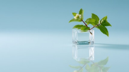 Poster - A single mint sprig rests in a clear glass of water, reflecting its freshness and purity, emphasizing nature's delicate beauty in a minimalist setting