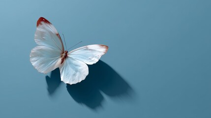 Aufkleber - A delicate white butterfly with translucent wings gracefully rests on a soft blue surface, casting gentle shadows and creating a tranquil atmosphere perfect for design