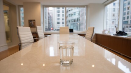 Aufkleber - A clear glass of water sits on a glossy boardroom table surrounded by minimal furniture in a bright office, with natural light streaming through a large window