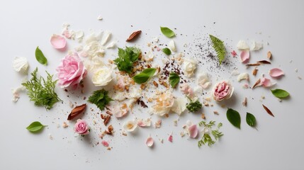 Poster - Floral arrangement features loosely painted pink and cream roses along with green leaves and abstract elements, leaving copy space on the right side