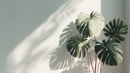 Leinwandbilder - Centered view of overlapping monstera leaves on a white backdrop highlights natural edges and intricate vein patterns, creating a serene aesthetic with ample copy space