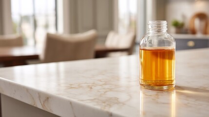 Poster - A close-up view showcases a clear glass bottle of golden syrup resting on a smooth stone countertop with soft reflections, ideal for culinary presentation