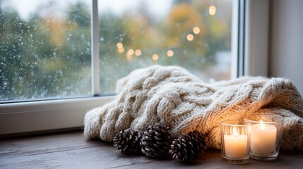 Poster - A warm winter arrangement with a knitted blanket, pinecones, and flickering candles invites comfort as snow falls gently outside a frosted window