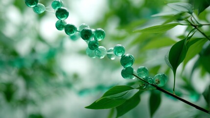 Aufkleber - A delicate DNA double helix composed of translucent green beads hangs in mid-air, surrounded by blurred green foliage, illuminated by gentle natural lighting
