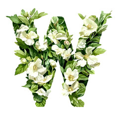 Wall Mural - w is made of white flowers and green leaves