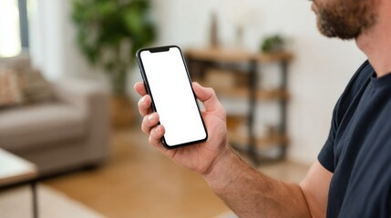 A man's hand grips a smartphone featuring a blank white screen, creating an opportunity to display custom content