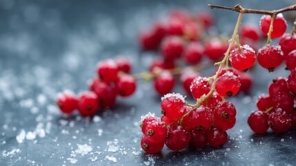 Aufkleber - Close-up of vibrant red currants dusted with frost, sparkling in diffused sunlight against blurred snowy branches, offering a festive winter feel
