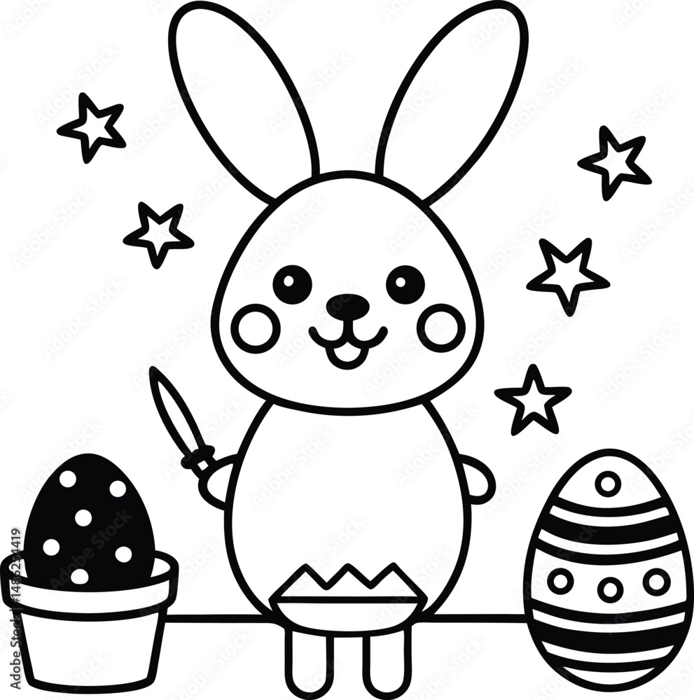 Smiling Easter Bunny with Egg Basket Coloring Page Stock Vector | Adobe ...