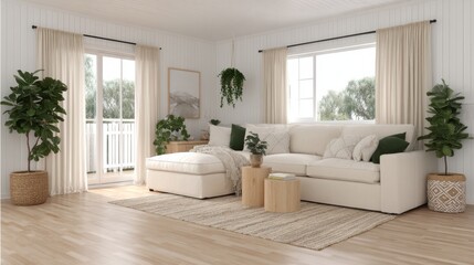 Poster - This stylish living space features a plush sofa, sleek wooden table, and indoor plants, creating a serene atmosphere enhanced by natural light