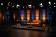 © ArtStockVault - Modern TV Studio Set with Vibrant Lighting for Talk Show or Variety Program Filming, Featuring Contemporary Furniture and Professional Equipment in a Dynamic and Captivating Setup
