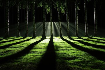 night forest scene, sunbeams through trees, green grass, shadows, nature photography, website backgr