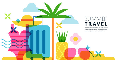 summer travel banner poster design elements. suitcase, palm, swimsuit, sunglasses on beach. vector i