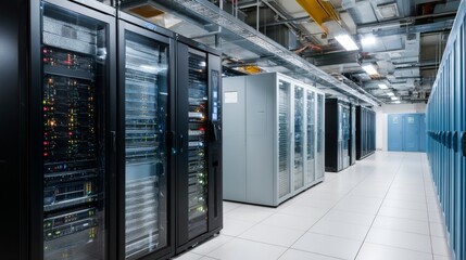 Aufkleber - Commercial space highlights a modern data center with multiple rows of glowing servers, portraying a high-tech environment illuminated by cool blue tones