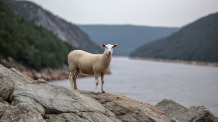 Aufkleber - A solitary sheep stands proudly atop a boulder on a mountain ridge, overlooking the tranquil fjord below as soft mist envelops the sky and sea