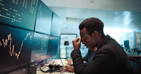Poster - Businessman, headache and stress with screen for stock market crash, bad investment or debt. Frustrated, male person or migraine with mistake or fail for financial crisis, exchange risk or bankruptcy