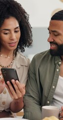 Poster - Breakfast, phone and couple talking in home for social media post, show app and video on food blog. Mobile, happy man and woman with morning meal, coffee and scroll website with news on internet