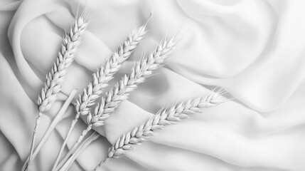 Poster - Three wheat stalks on white fabric.