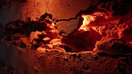 Fototapete - Textured surface of cracked concrete comes to life with fiery red and orange illumination, offering a dynamic backdrop for creative artistic endeavors