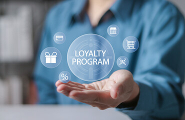 loyalty program concept, customer engagement. businessman holding loyalty program icon on virtual sc