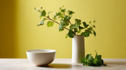 Leinwandbilder - A white bowl rests on a surface paired with a sleek vase containing green leaves, creating a simple yet striking decor against a bright yellow backdrop