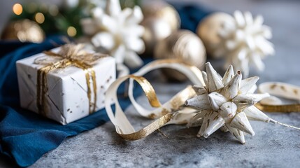 Aufkleber - Festive decorations create a warm atmosphere with a navy background. Golden stars and ribbons enhance the holiday spirit, perfect for seasonal greetings and celebrations