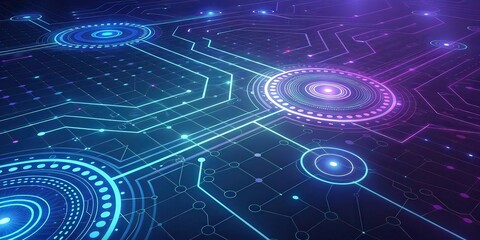 Leinwandbilder - A glowing, futuristic digital circuit board with interconnected lines and nodes in vibrant blue and purple hues.