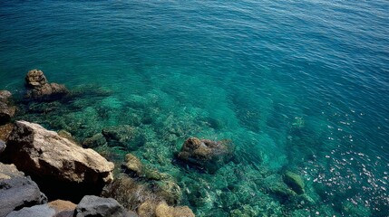 Aufkleber - Ocean waters sparkle with sunlight, showcasing a beautiful undersea world filled with rocks and calm waves, creating a tranquil coastal atmosphere