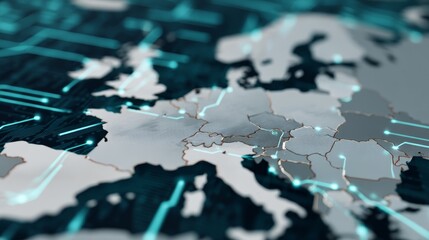 Leinwandbilder - A wide shot reveals a digital map of Europe, featuring glowing connection nodes and circuit lines to represent technological unity among member states
