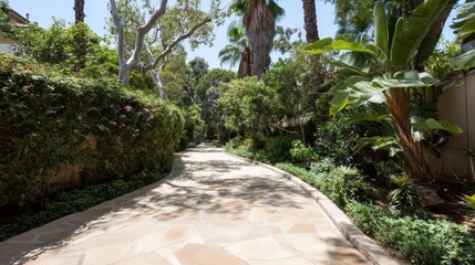 Poster - A winding stone pathway leads through a lush garden, bordered by tall hedges and flourishing plants, as sunlight dapples the ground in a tranquil setting