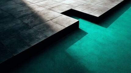 Poster - Striking geometric design featuring dark gray slate tiles overlaying a bright teal surface, ideal for contemporary architectural and interior design projects