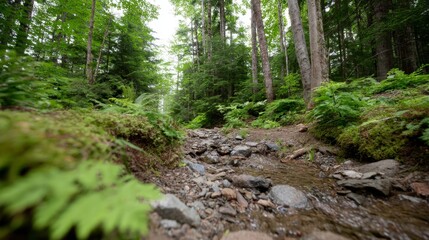 Aufkleber - A serene stream flows over smooth rocks in a lush forest, embraced by ferns and moss, while gentle light filters through the treetops, creating tranquility