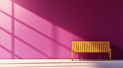 Fototapete - A vibrant yellow bench is positioned against a bold purple wall, illuminated by natural light streaming through a large window nearby