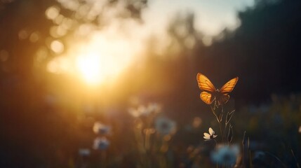 Poster - A butterfly rests delicately on a flower, its vibrant wings illuminated by soft sunlight as the garden awakens around it at dawn