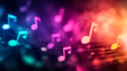 Fototapete - This artwork showcases abstract musical notes and sound waves, glowing in vibrant colors that create a dynamic and engaging visual on a dark background