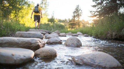 Poster - A lone hiker crosses large stones in a crystal-clear stream, illuminated by warm golden light at sunset, enjoying the serene mountain landscape