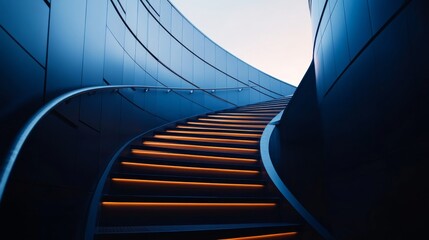 Fototapete - Low-angle view of a sleek curved staircase illuminated by dramatic lights, emphasizing the interplay of shadow and light in a modern architectural setting