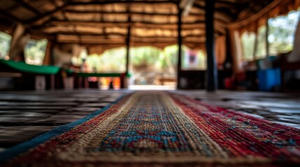 Aufkleber - Natural light enhances the colors and textures of a handwoven rug, placed against a blur of rustic decor and vibrant surroundings
