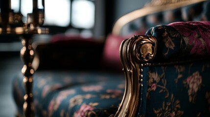 Poster - A stunning gold chair featuring rich floral upholstery is placed against decorative wallpaper, capturing classic luxury with elegant details in soft lighting