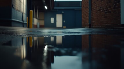 Poster - This alley in a rain-soaked city captures the reflection of neon lights, enhancing the moody atmosphere that surrounds this serene urban retreat