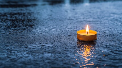 Poster - A single candle burns softly on a wet surface, creating a warm glow that contrasts with the coolness of raindrops falling all around during a stormy evening