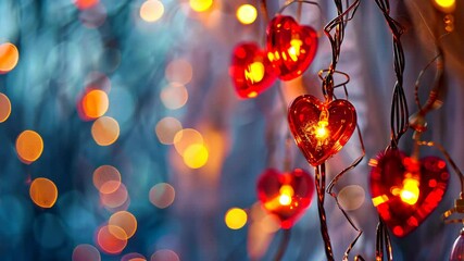 Wall Mural - festive heart-shaped lights illuminating backdrop with soft bokeh effect and warm glowing hues creat