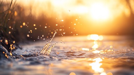 Aufkleber - Sunlight pierces through water droplets on grass, creating a serene atmosphere by the stream. The golden highlights and bokeh enhance the calming effect of the scene