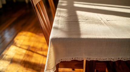 Poster - Close-up view of a white linen tablecloth featuring intricate lace designs, casting soft shadows and enhancing the elegance of a dining setup in warm, natural light