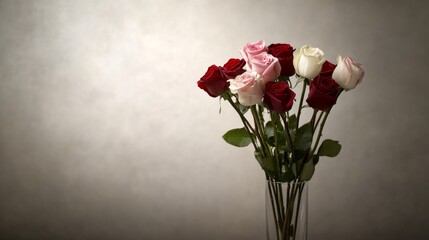 Leinwandbilder - A bouquet featuring pink, red, and white roses arranged in a clear vase brings a fresh and romantic feel with natural light illuminating the delicate petals