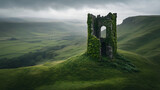 Ivy-covered ruins of an ancient stone tower stand atop a grassy hill, with a misty, green landscape unfolding in the background under a cloudy sky.